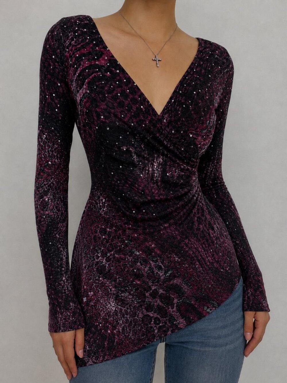 Y2K Asymmetrical Top Sparkly V-Neck Purple Size Medium Semi-Formal